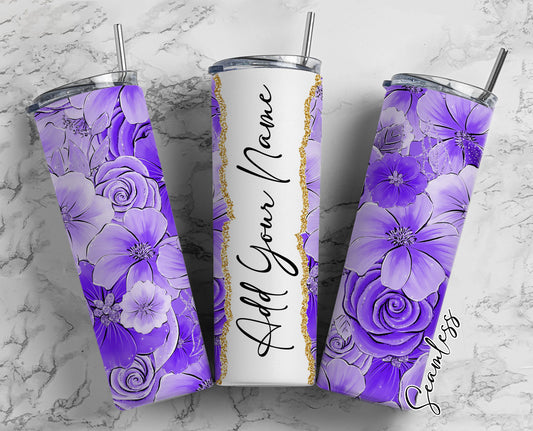 Purple Flowers Add Your Own Name, 20oz Sublimation Tumbler Designs, Skinny Tumbler Wraps Template - 2191