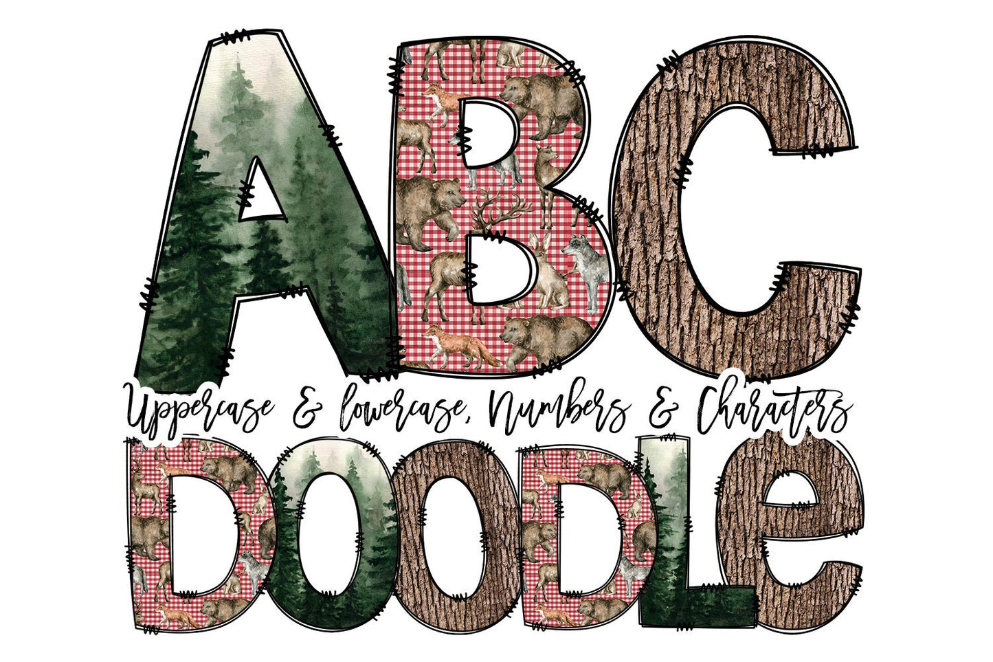 Camping Doodle letters, Woodland Animals Forrest Hand Drawn Doodle Alpha Bundle Patterned Numbers & Alphabet Doodle Set Sublimation Font PNG