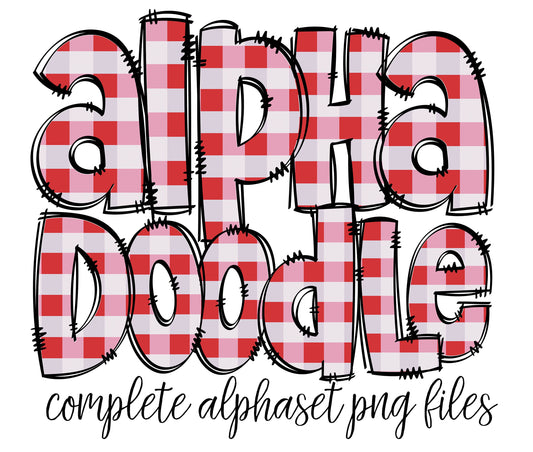 Gingham Doodle letters, Red Plaid Hand Drawn Doodle Alpha Bundle, Sublimation Font PNG, Patterned Numbers & Alphabet,