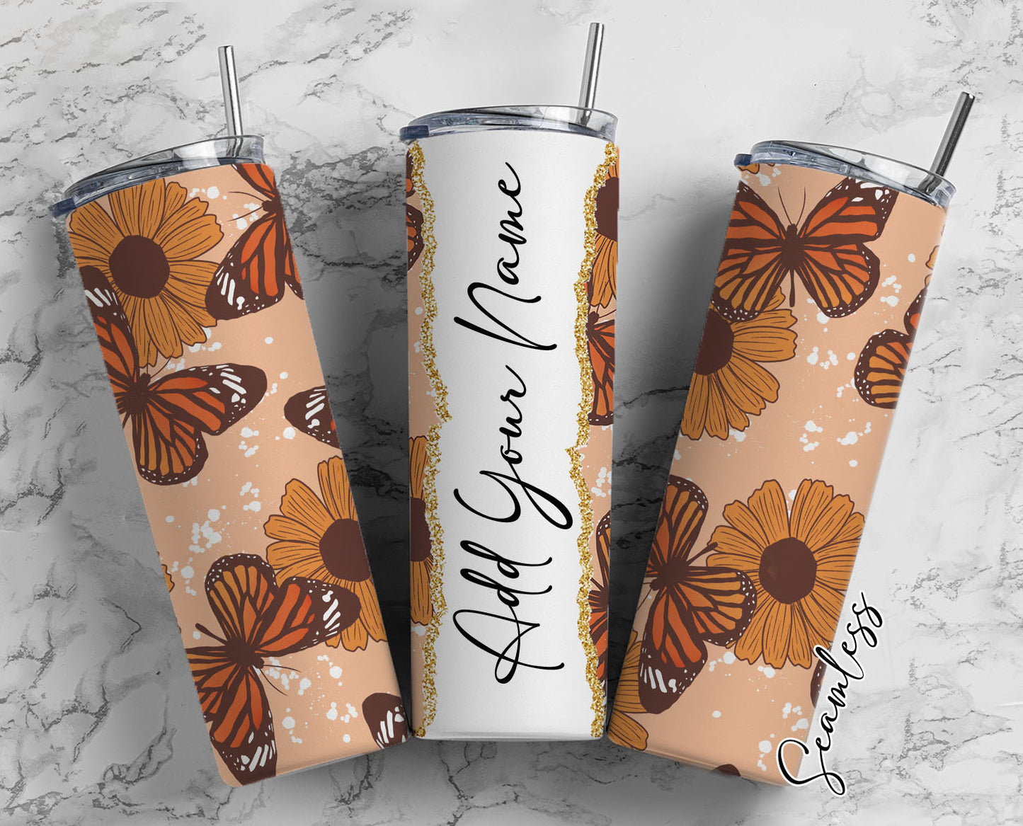 Retro Butterflies Add Your Own Name, 20oz Sublimation Tumbler Designs, Skinny Tumbler Wraps Template - 58 PATTERN