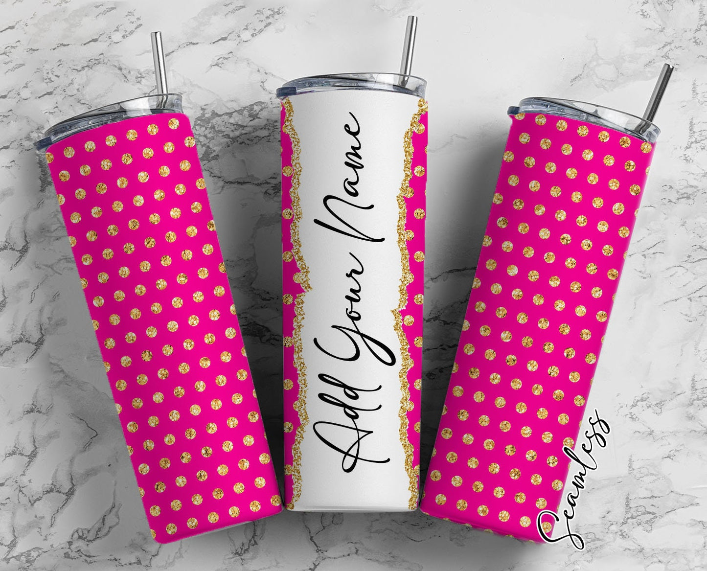 Gold Polka On Pink Background, Polka Design Add Your Own Name, 20oz Sublimation Tumbler Designs, Skinny Tumbler Wraps Template - 2054