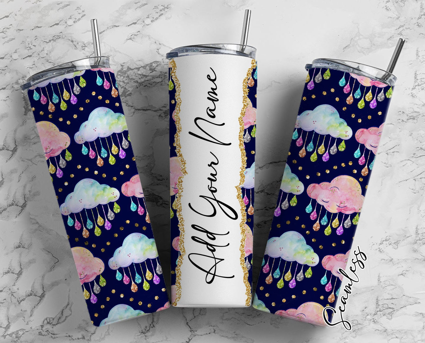 Watercolor Clouds Seamless Add Your Own Name, 20oz Sublimation Tumbler Designs, Skinny Tumbler Wraps Template - 2139