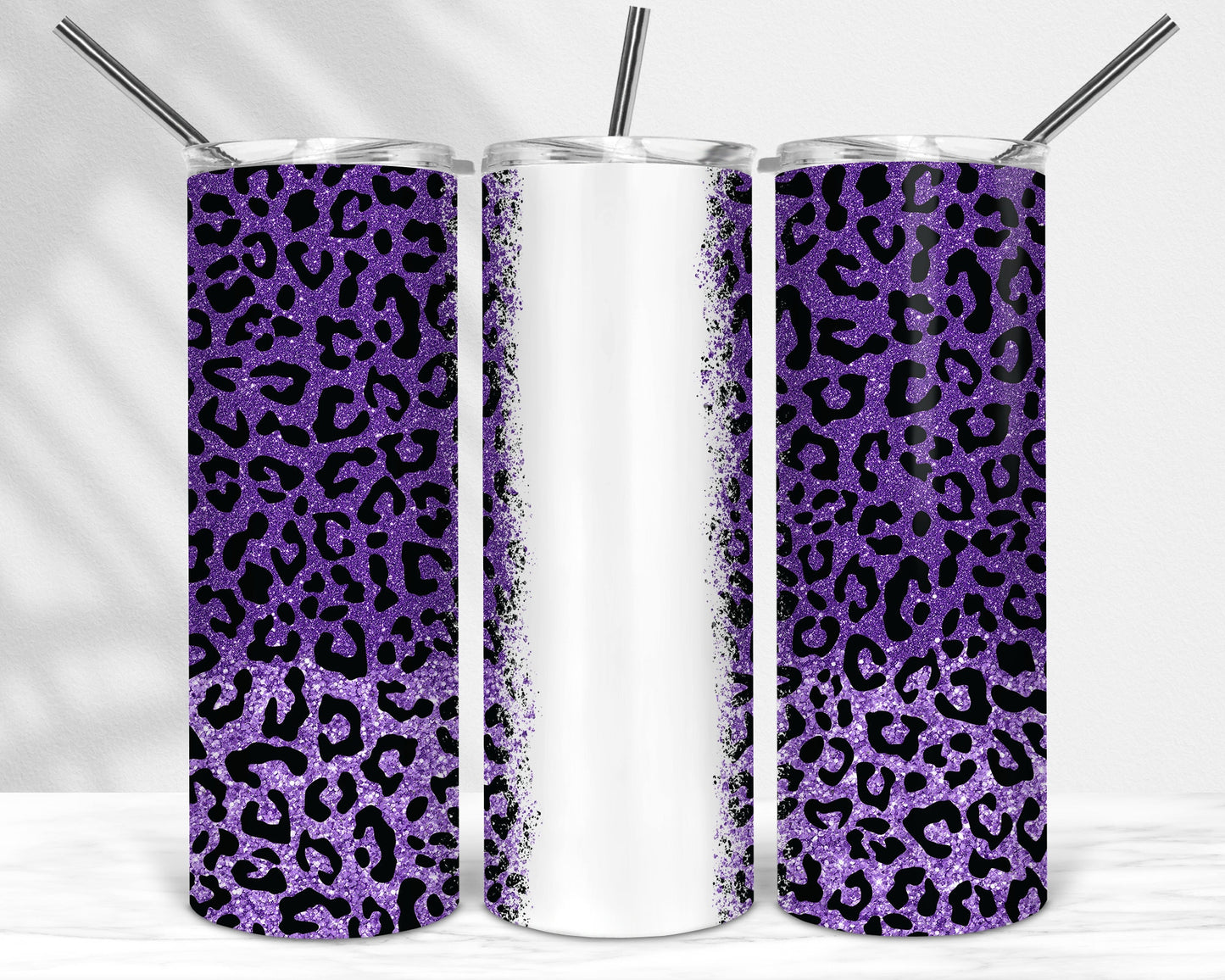 Purple Glitter Leopard Print Tumbler Sublimation Seamless Design - 20oz Skinny Tumbler Wraps Template - PNG - 20oz Straight Tumbler Template