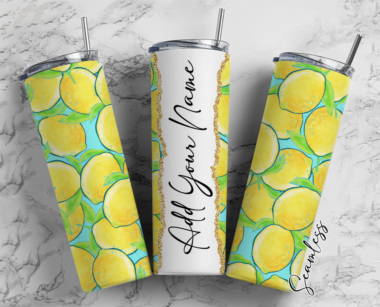 Lemon Pattern, Lemon Background, Lemon Lovers Add Your Own Name, 20oz Sublimation Tumbler Designs, Skinny Tumbler Wraps Template - 2051