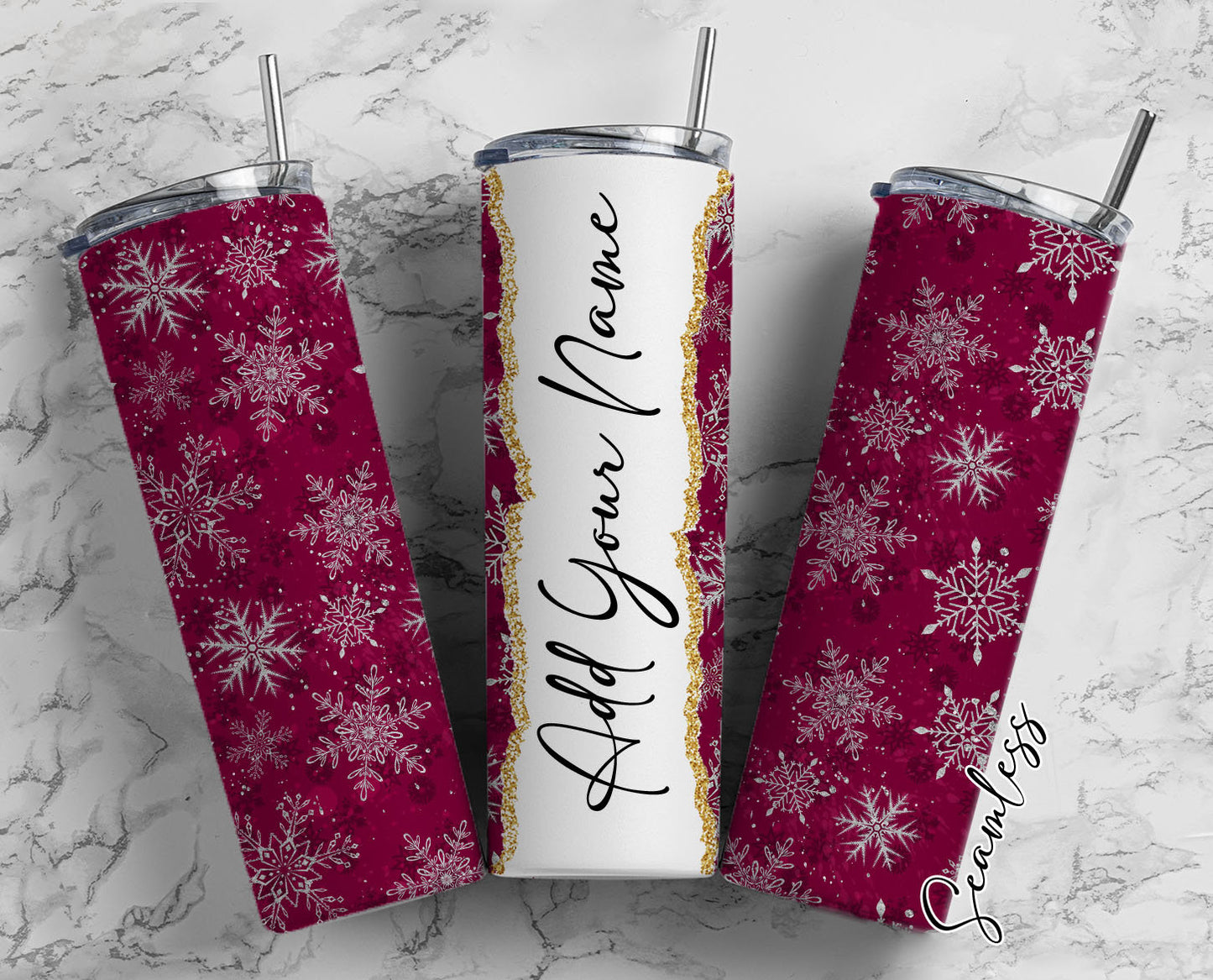 Snowflakes On Maroon Background Add Your Own Name, 20oz Sublimation Tumbler Designs, Skinny Tumbler Wraps Template - 31