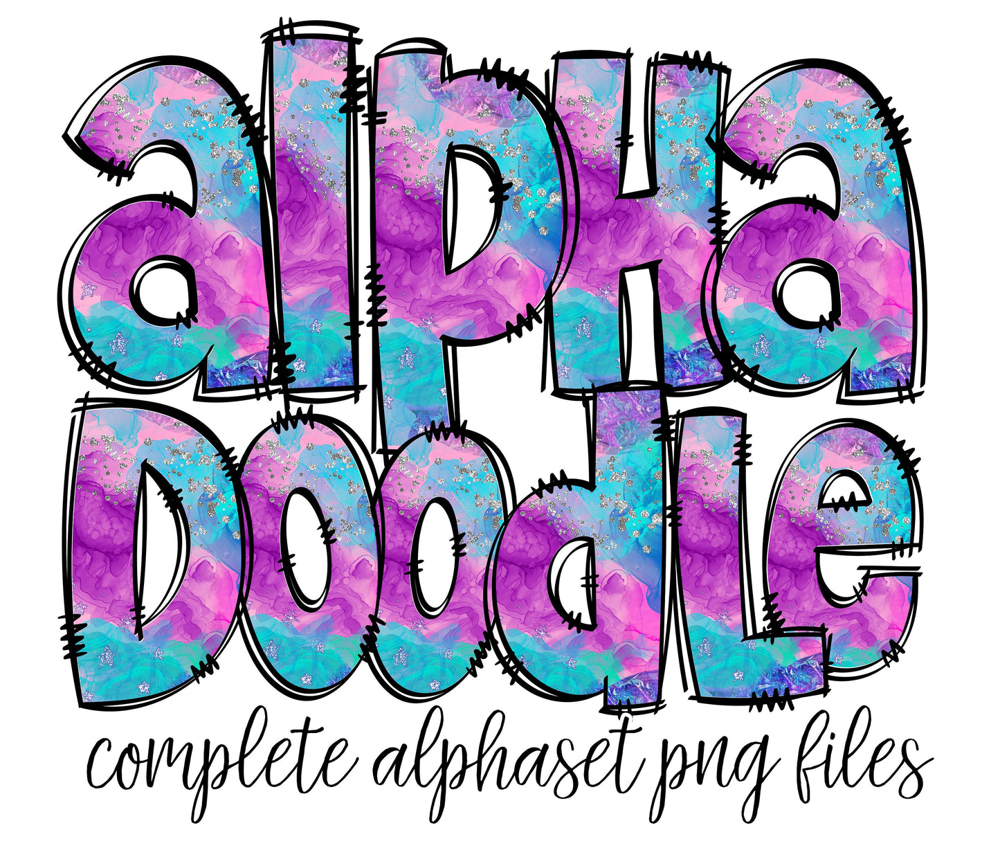 Pink Purple Blue Glitter Abstract Alphabet Letters PNG Bundle, Alcohol Ink, Hand Drawn Doodle, Sublimation Alpha Set Designs PNG