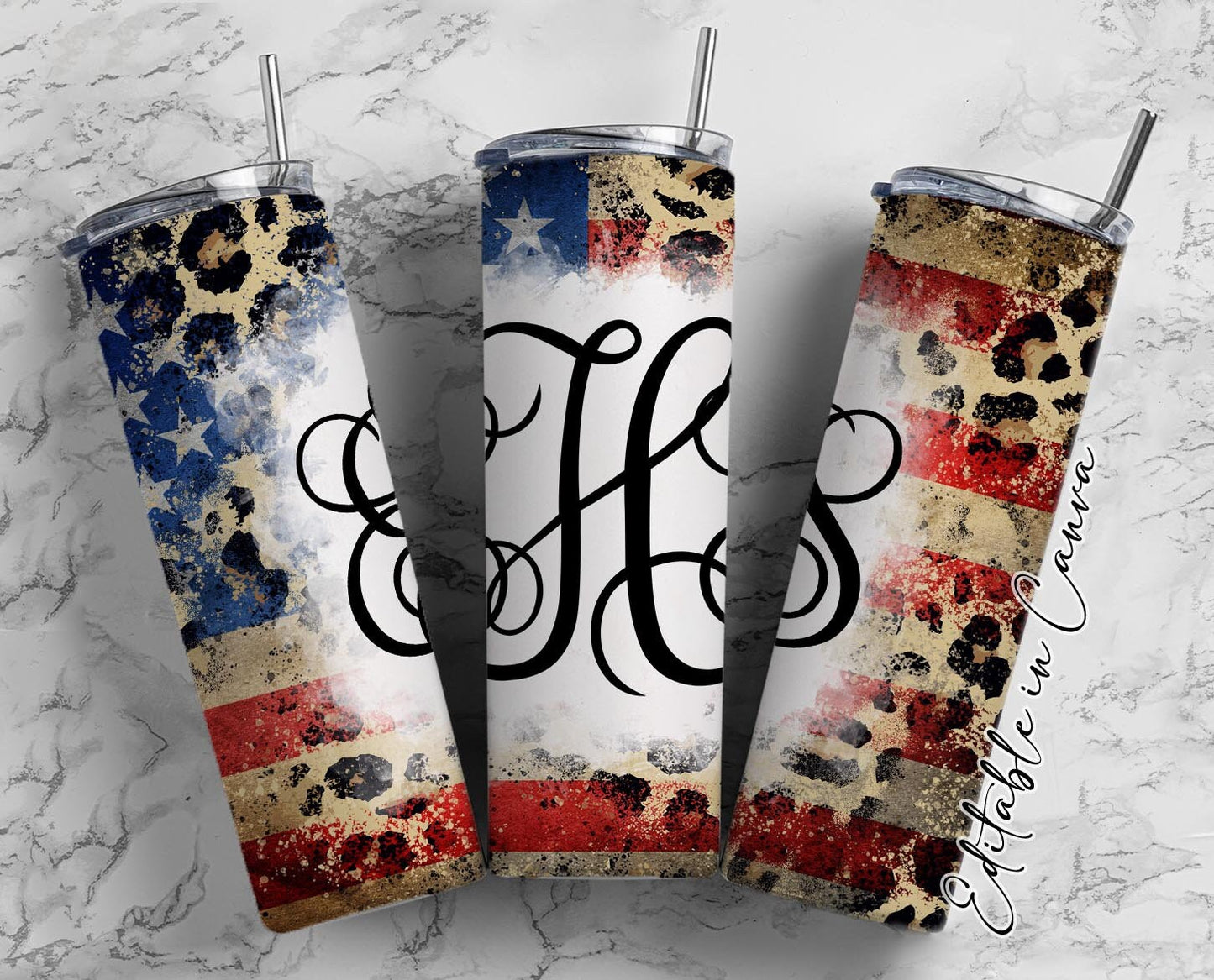 EDITABLE USA Flage Monogram 20oz Straight Tumbler Wrap Designs, Make Your Own Custom Peronalized Design, Cheetah Easy Canva Tempalte