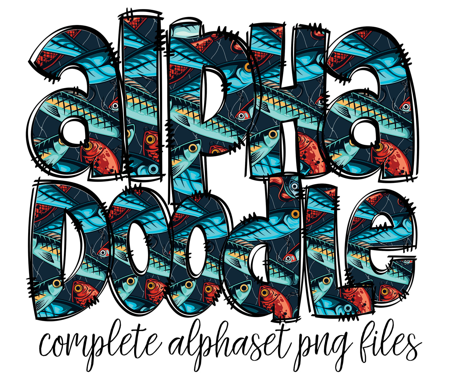 Fishing Doodle Alphabet Letters PNG Bundle, Fishing Lure Fisherman Fathers Day, Hand Drawn Doodle, Sublimation Alpha Set Designs PNG