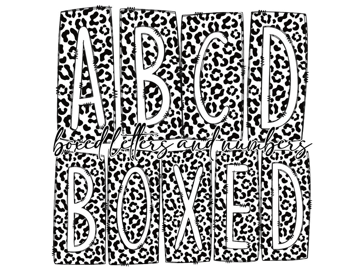 Black and White Cheetah Leopard Print Box Doodle Letters, Western Hand Drawn Doodle Alphabet Set, Sublimation Designs PNG - 23 PATTERN