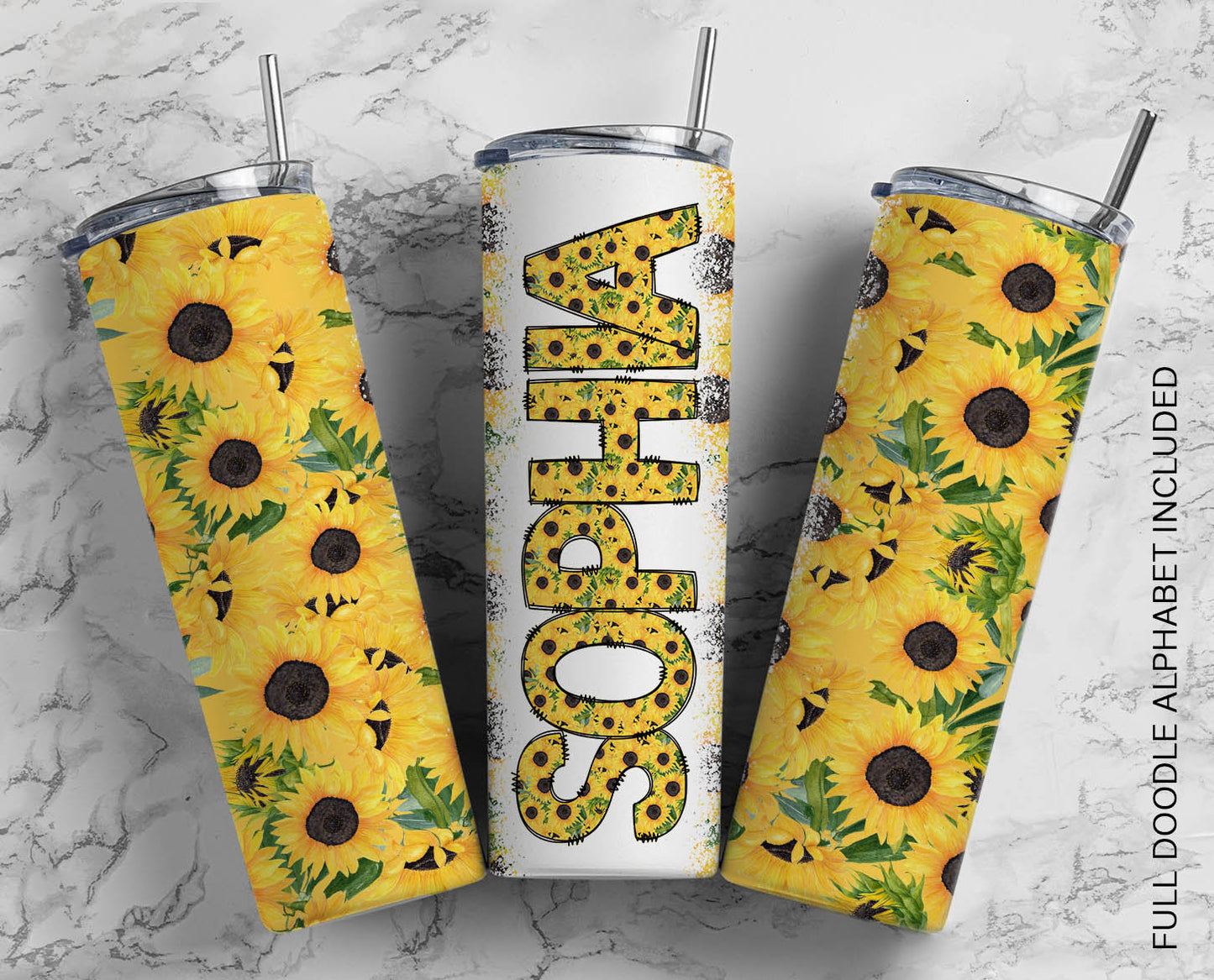 Sunflower Doodle Letters with Matching Tumbler Template, Floral Doodle Alphabet Font PNG, 20 oz Tumbler, Sublimation, Waterslide Designs