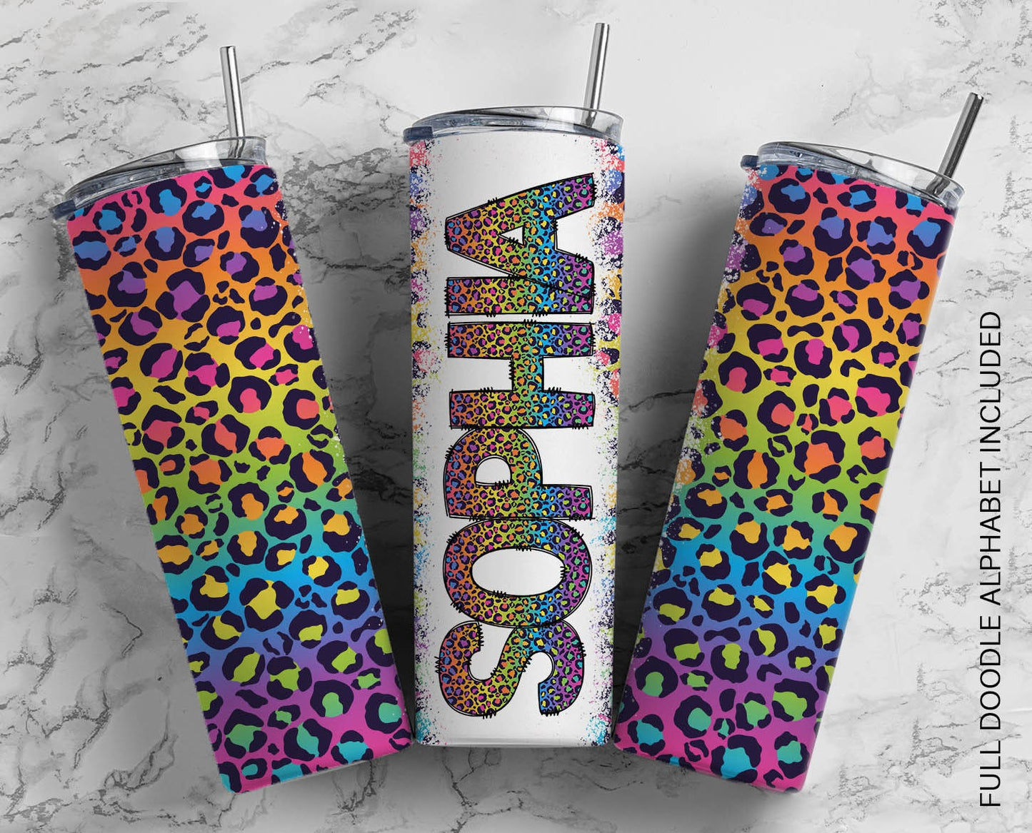 Rainbow Doodle Letters with Matching Tumbler Template, Leopard Doodle Alphabet Font PNG, 20 oz Tumbler, Sublimation, Waterslide Designs