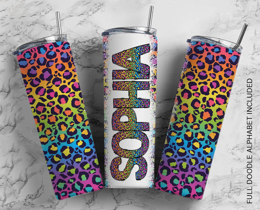 Rainbow Doodle Letters with Matching Tumbler Template, Leopard Doodle Alphabet Font PNG, 20 oz Tumbler, Sublimation, Waterslide Designs