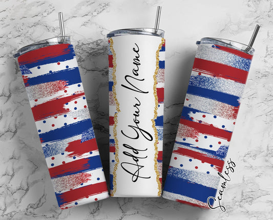 Red Blue And White Color Brush Stroke Add Your Own Name, 20oz Sublimation Tumbler Designs, Skinny Tumbler Wraps Template - 62 PATTERN