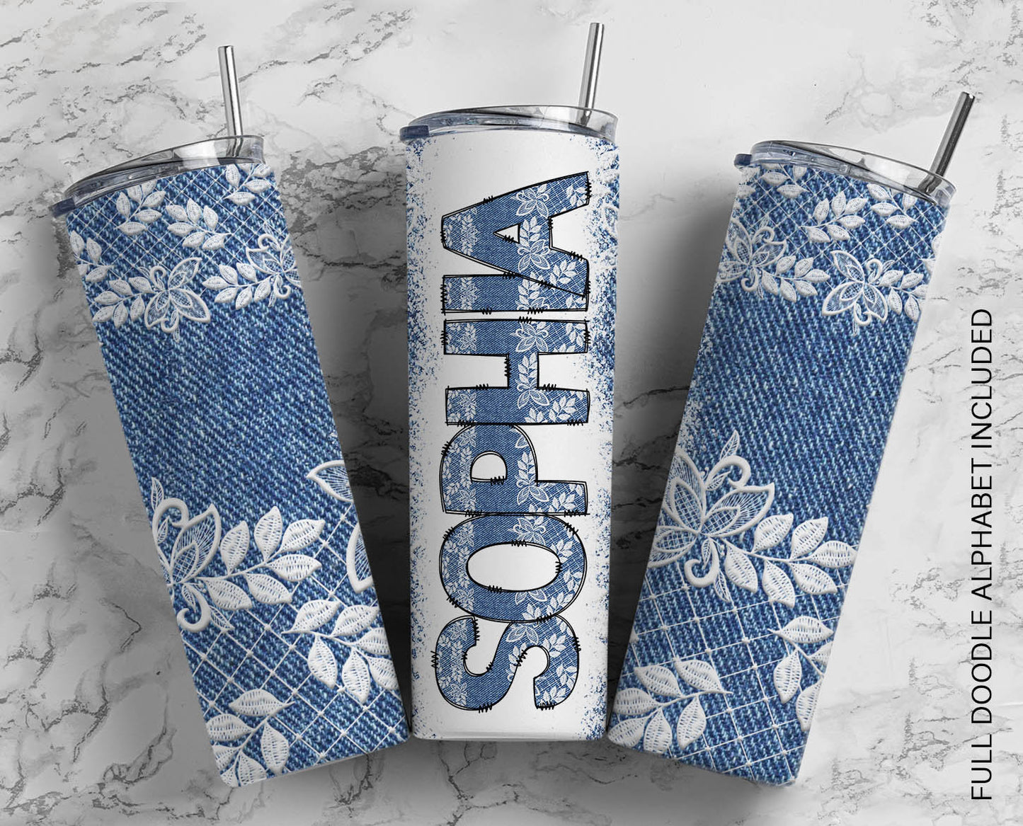 Denim Lace Doodle Letters with Matching Tumbler, Country Doodle Alphabet Font PNG, 20 oz Tumbler, Western Sublimation, Waterslide Designs