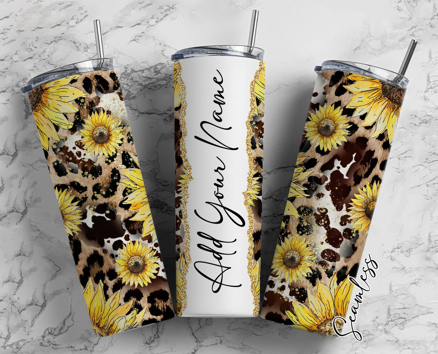 Leopard Print Sunflower, Sunflower Pattern Add Your Own Name, 20oz Sublimation Tumbler Designs, Skinny Tumbler Wraps Template - 81 PATTERN