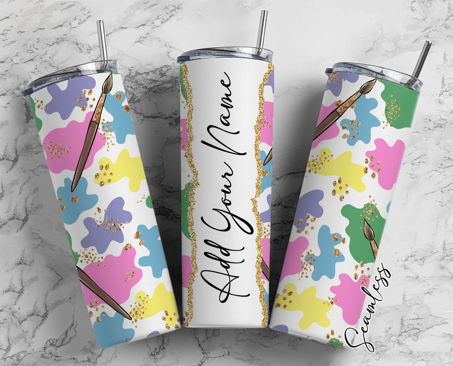 Watercolor Pattern, Watercolor Color Splash Add Your Own Name, 20oz Sublimation Tumbler Designs, Skinny Tumbler Wraps Template - 403