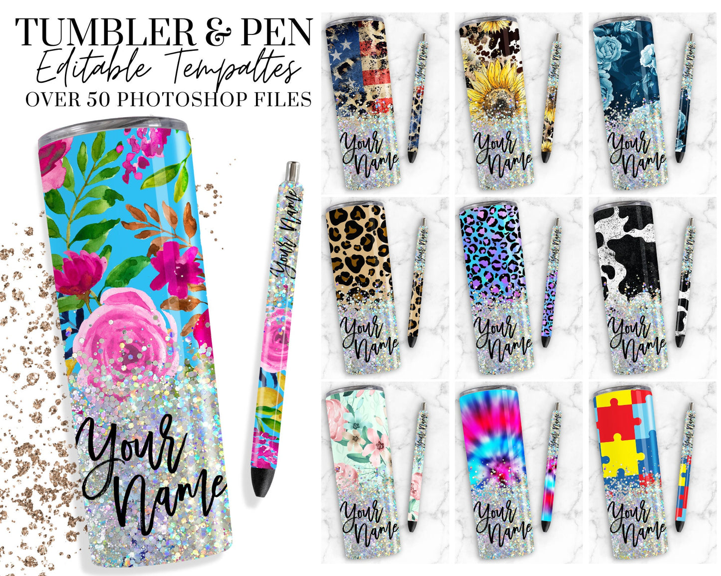 50+ Tumbler & Pen Bundle, Wraps for 20 oz Sublimation Tumbler, Floral Tumbler Cowhide Leopard Glitter Epoxy Waterslide Mega BUNDLE