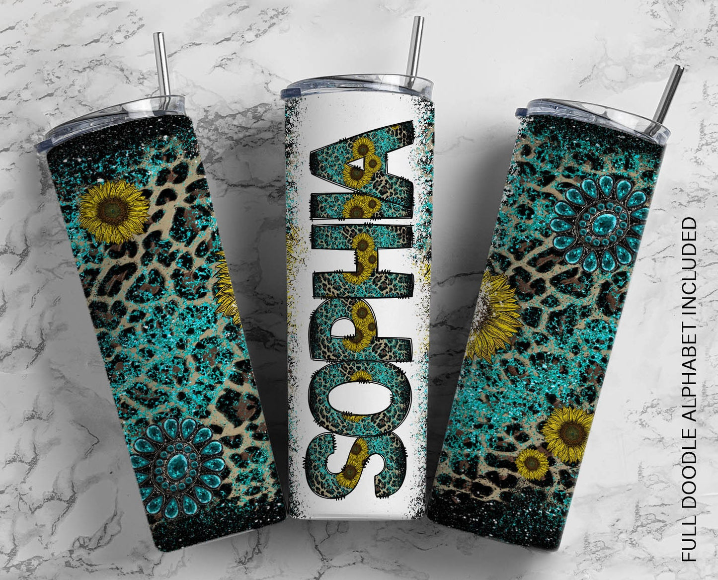 Western Country Tie Dye 20oz Tumbler with Matching Doodle Letter Set PNG