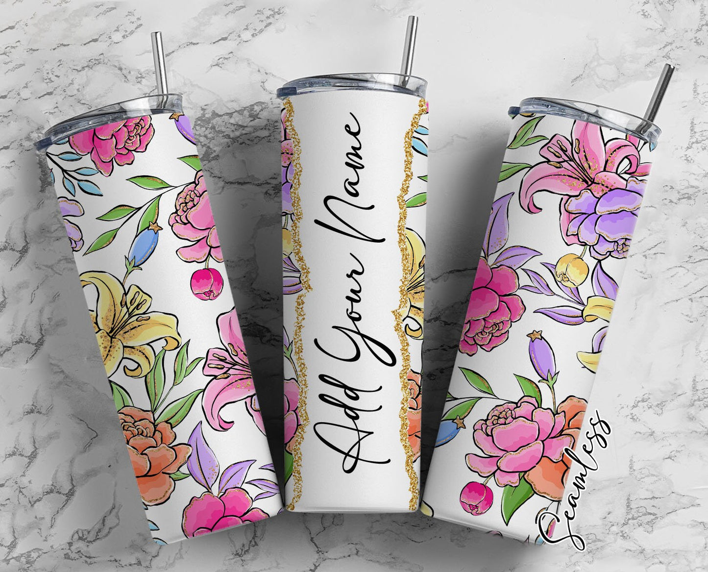 Floral Design, Flower Pattern, Floral Pattern Add Your Own Name, 20oz Sublimation Tumbler Designs, Skinny Tumbler Wraps Template - 1991