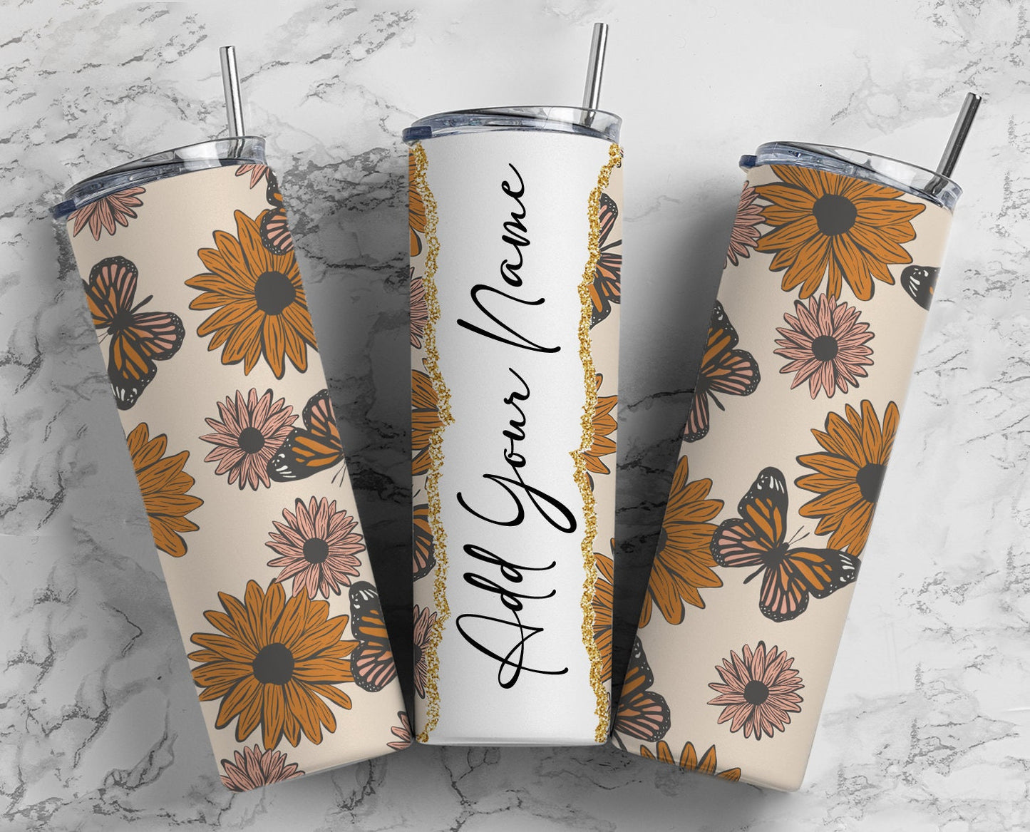 Boho Flowers 70s Add Your Own Text Name Monogram Sublimation Tumbler Designs Floral - 20oz Skinny Tumbler Wraps Templates - PNG 71 PATTERN