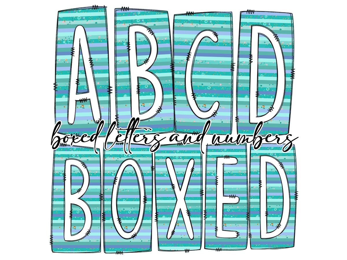 Blue Tripe Turquoise Box Doodle Letters, Western Hand Drawn Doodle Alphabet Set, Sublimation Designs PNG - 1400