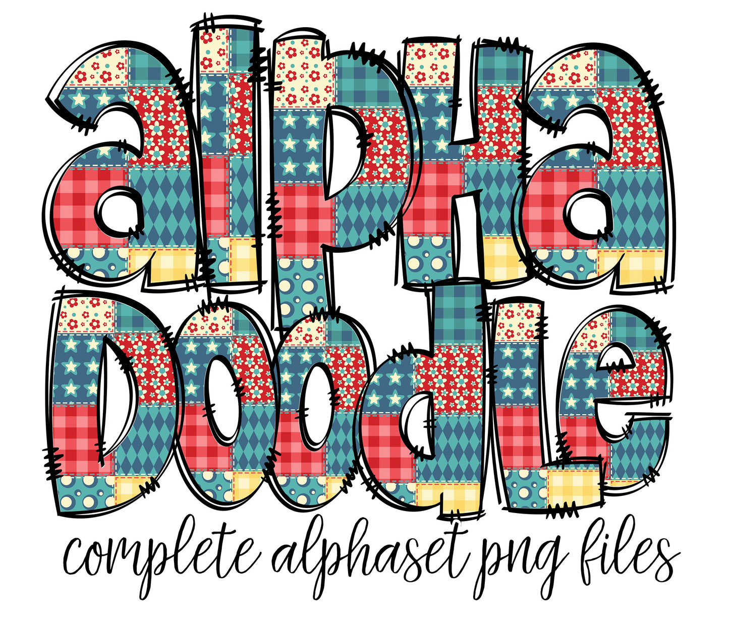 Patchwork Doodle Letters PNG Bundle, Quilt Rustic Bright Hand Drawn Alphabet Doodle, Sublimation Alpha Set Designs PNG