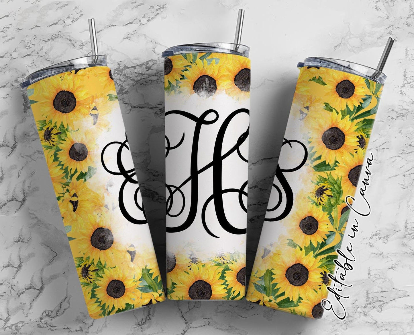 EDITABLE Sunflower Monogram 20oz Straight Tumbler Wrap Designs, Make Your Own Custom Peronalized Design, Easy Canva Tempalte