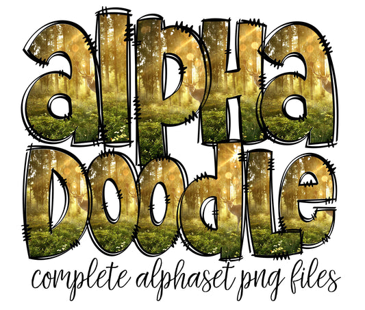 Hunting Deer Doodle letters, Hand Drawn Doodle Alpha Bundle Patterned Numbers & Alphabet Doodle Set Sublimation Font PNG