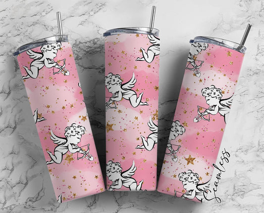 Valentine&#39;s Day Pattern, Valentine&#39;s Cupid Pink Background 20oz Tumbler Wrap, Seamless Skinny Tumbler, Sublimation Design PNG - 1736