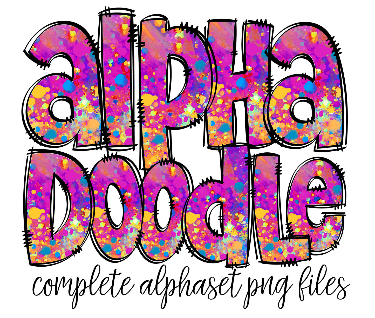 Rainbow Splatter Doodle letters, Hand Drawn Doodle Alpha Bundle Patterned Numbers & Alphabet Doodle Set Sublimation Font PNG