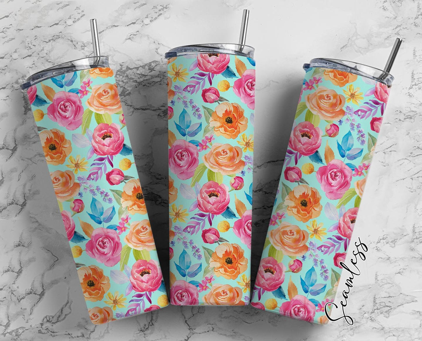 Floral Pattern, Watercolor Floral Pattern, Flowers 20oz Tumbler Wrap, Seamless Skinny Tumbler, Sublimation Design PNG - 1242