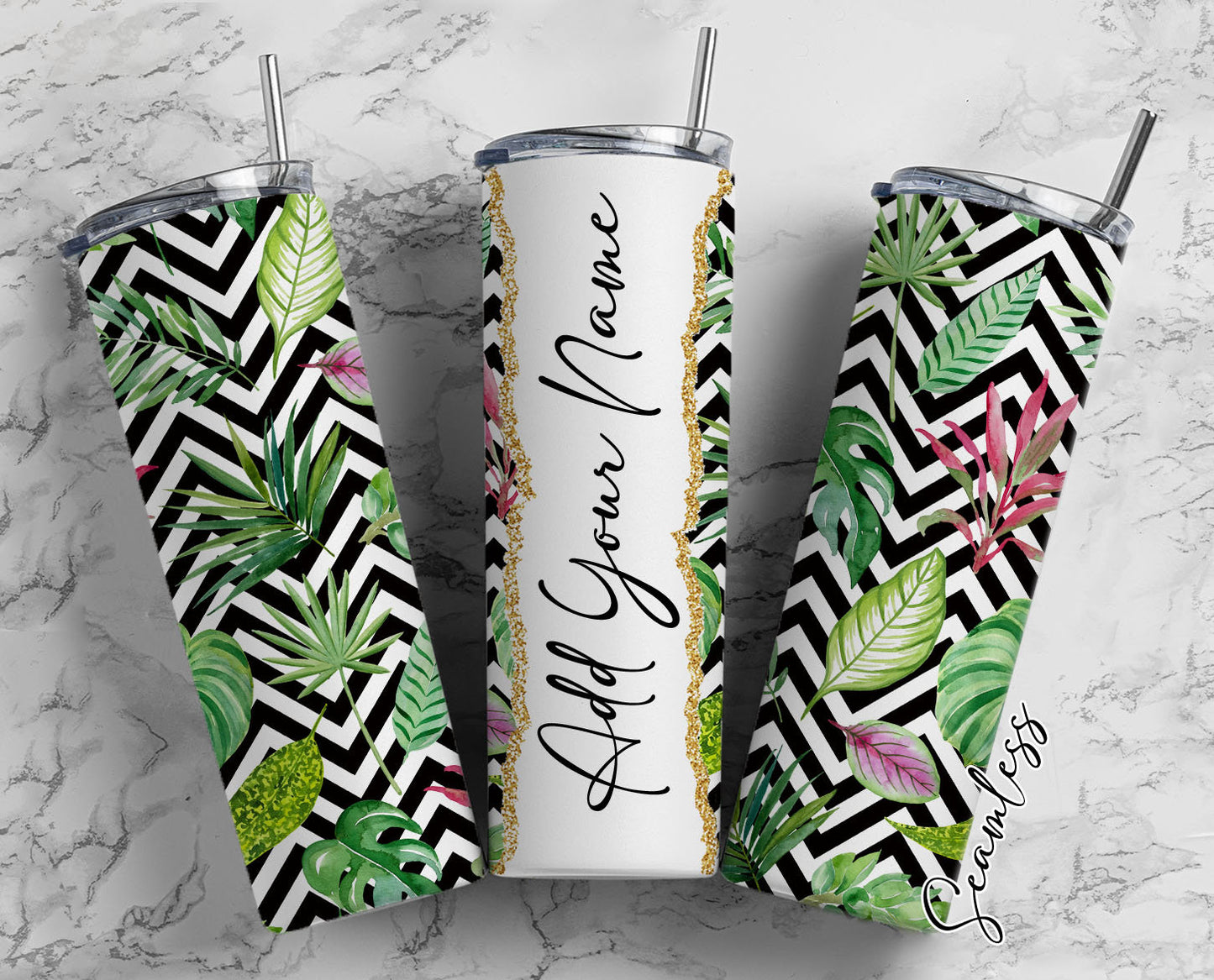 Zigzag Pattern, Tropical Design, Tropical Pattern Add Your Own Name, 20oz Sublimation Tumbler Designs, Skinny Tumbler Wraps Template - 2178