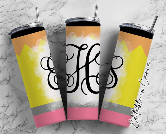 EDITABLE Pencil Monogram 20oz Straight Tumbler Wrap Designs, Make Your Own Custom Peronalized Design, Teacher Easy Canva Tempalte