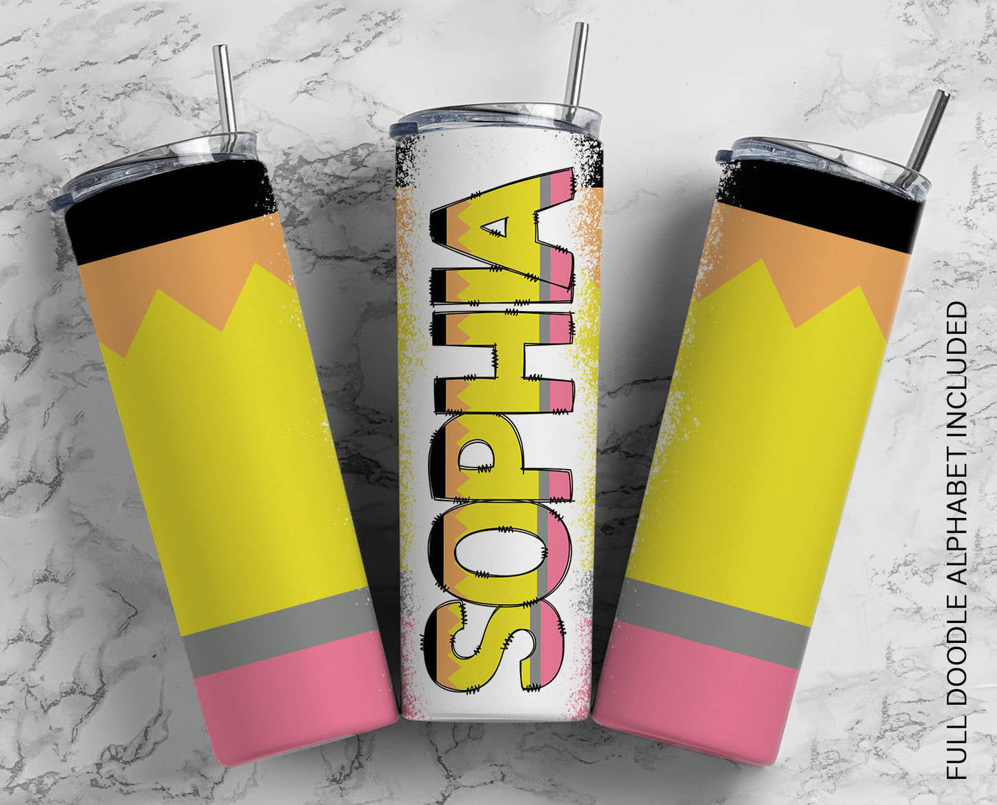 Teacher Tumbler with Matching Doodle Letters, Add your own name with PNG Pencil Back to School Alphaset Tumbler Wrap