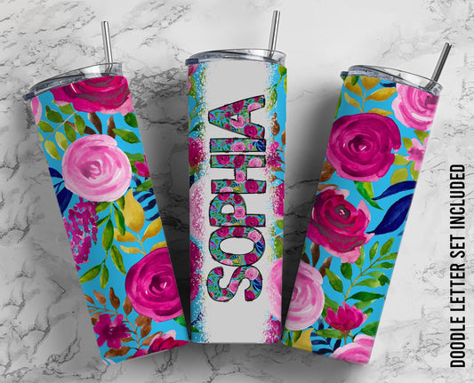 Pink rose Doodle Letters with Matching Tumbler, Cow hide Doodle Alphabet Font PNG, 20 oz Tumbler, Cow Print Sublimation, Waterslide Designs