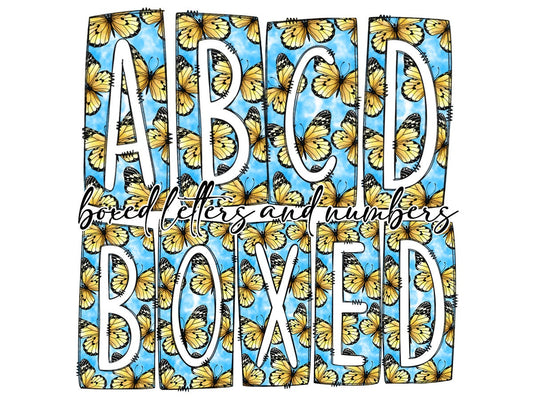 Blue and Yellow Butterfly Box Doodle Letters, Western Hand Drawn Doodle Alphabet Set, Sublimation Designs PNG - 43 PATTERN