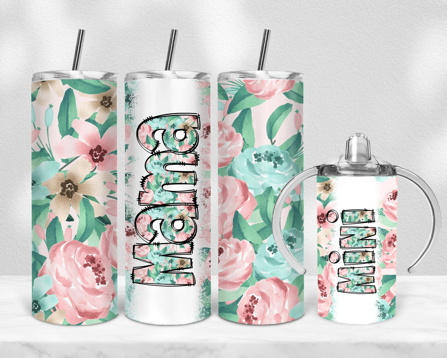 Floral Seamless Mama Mini Bundle, 12 oz sippy cup, 20 oz tumbler, mama and me png, mini sippy cup, mom daughter tumbler, Sublimation Designs