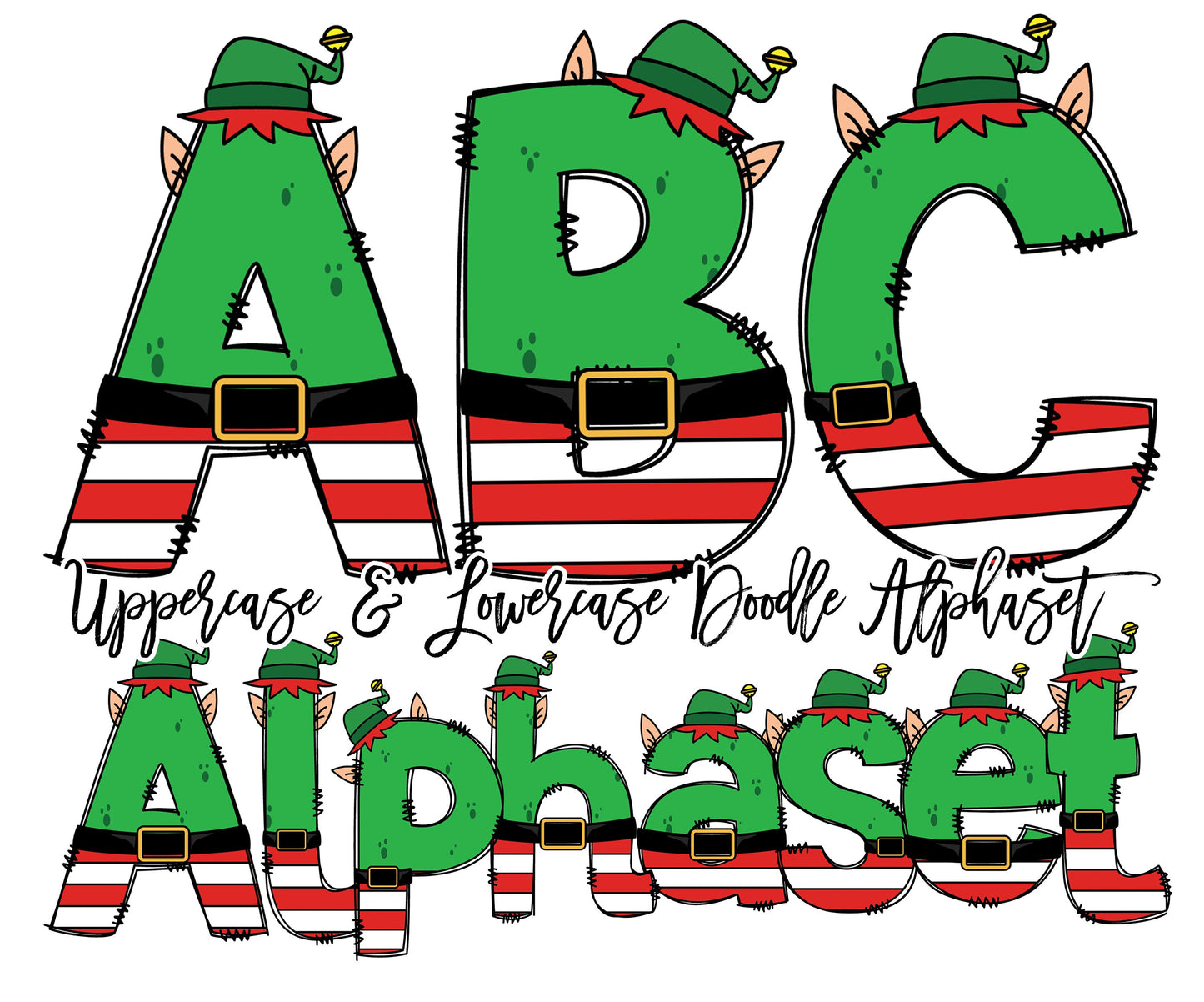 Christmas Elf Doodle letters, Santas Elf Sublimation Font, Doodle Alpha Bundle, Cute Xmas Numbers & Alphabet Doodle Set PNG