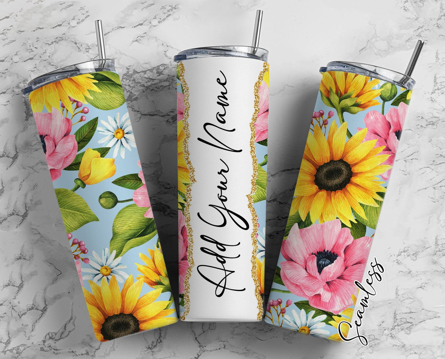 Flower Pattern, Floral Design, Flowers Add Your Own Name, 20oz Sublimation Tumbler Designs, Skinny Tumbler Wraps Template - 3 PATTERN