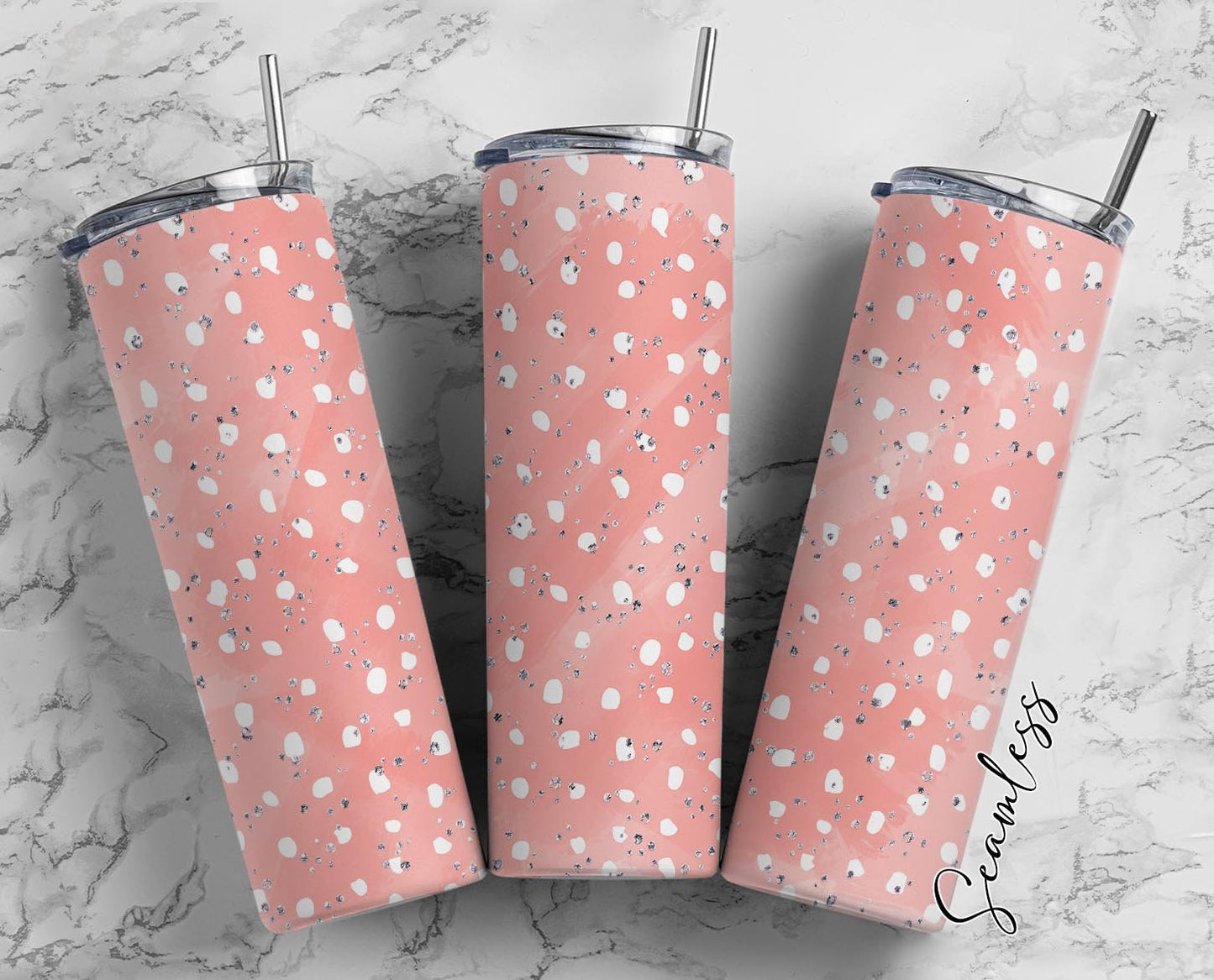 White Dots On Peach Background, Blush Pink Watercolor 20oz Tumbler Wrap, Seamless Skinny Tumbler, Sublimation Design PNG - 15