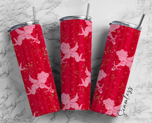 Valentine&#39;s Cupid, Red Background, Valentine&#39;s Day Patter 20oz Tumbler Wrap, Seamless Skinny Tumbler, Sublimation Design PNG - 1748