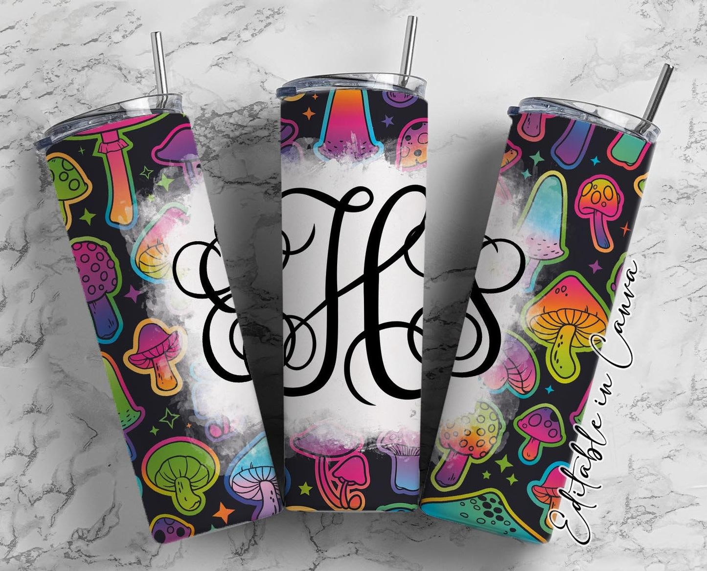 EDITABLE Psychedelic Monogram 20oz Straight Tumbler Wrap Designs, Make Your Own Custom Peronalized Design, Mushroom Easy Canva Tempalte