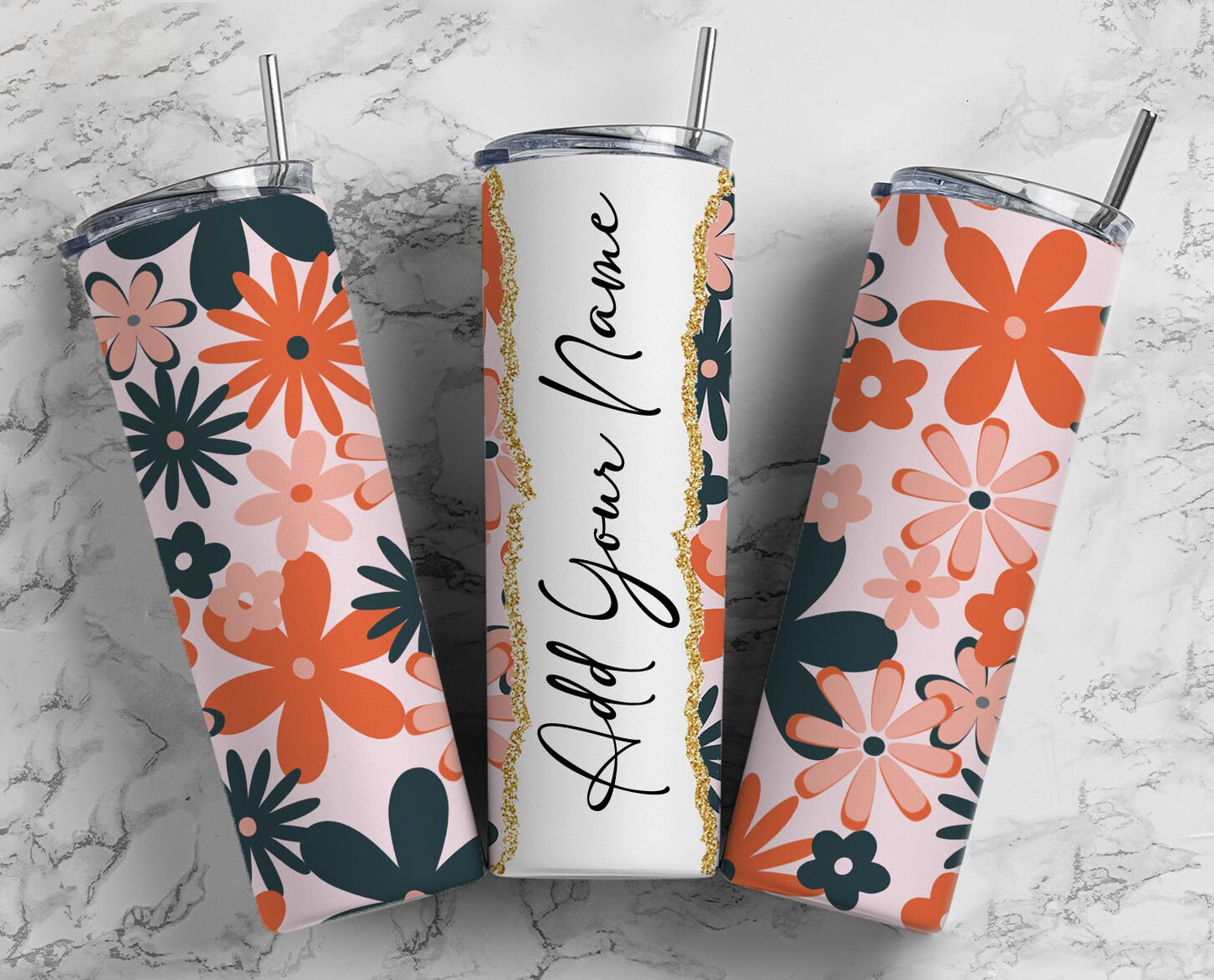 Navy Orange Floral Add Your Own Text Name Monogram Sublimation Tumbler Designs Wrap - 20oz Skinny Tumbler Wraps Templates - PNG 51 PATTERN