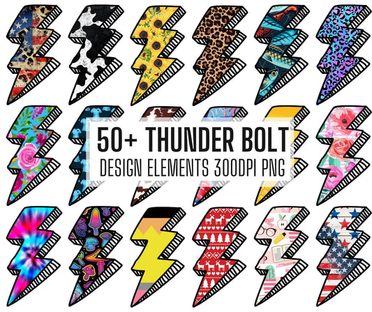 50+ Lightening Bolt Design Elements, Commercial Use, Sublimation Design Bundle, Leopard Lightning, Rock and Roll, Clip Art, Thunder PNG