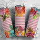 Flowers On Pink Stripes 20oz Tumbler Wrap, Seamless Skinny Tumbler, Sublimation Design PNG - 1374