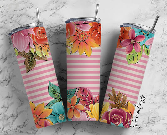 Flowers On Pink Stripes 20oz Tumbler Wrap, Seamless Skinny Tumbler, Sublimation Design PNG - 1374