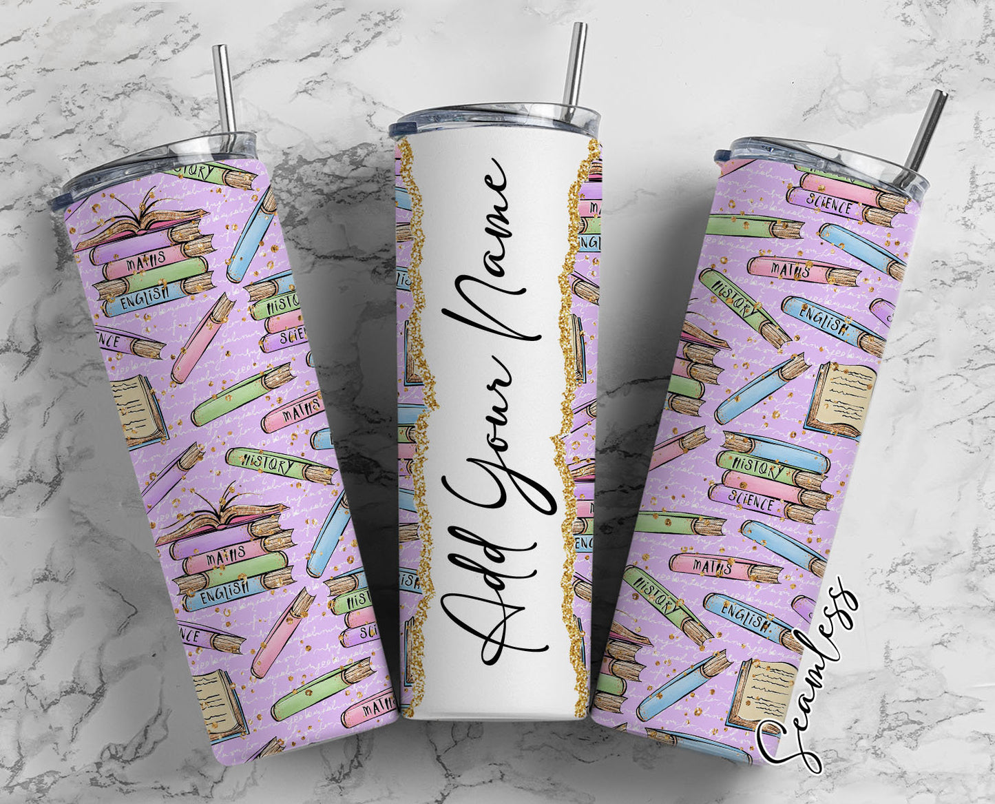 School Books Add Your Own Name, 20oz Sublimation Tumbler Designs, Skinny Tumbler Wraps Template - 563