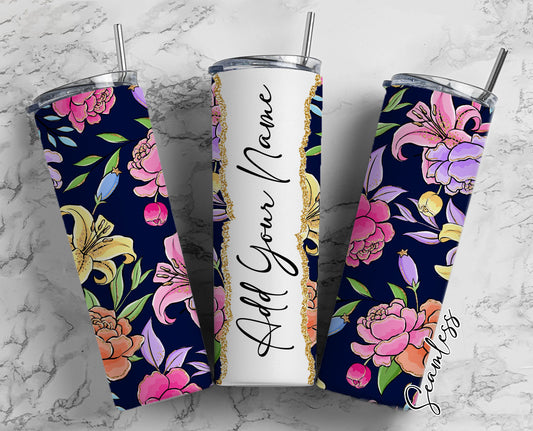 Flower On Black Background, Flower, Flower Pattern Add Your Own Name, 20oz Sublimation Tumbler Designs, Skinny Tumbler Wraps Template - 1990