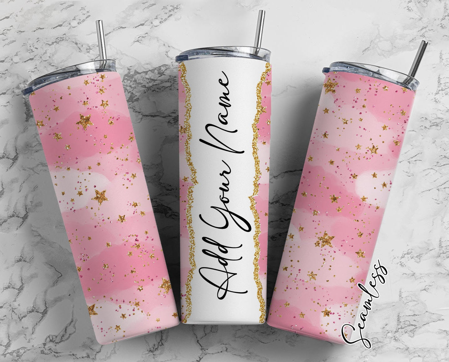 Gold Glitter On Pink Background Add Your Own Name, 20oz Sublimation Tumbler Designs, Skinny Tumbler Wraps Template - 2116