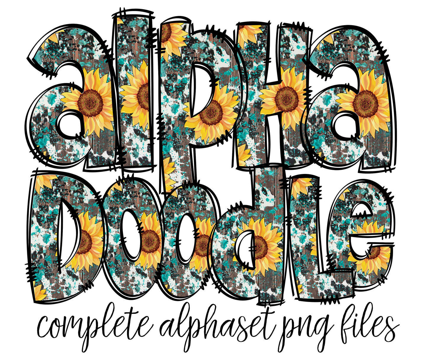 Sunflwoer Cowhide Doodle Alphabet Letters PNG Bundle, Country Western Design Hand Drawn Doodle, Cow Print Sublimation Alpha Set Designs PNG